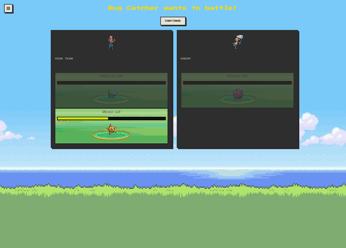 Pokelike v3.1.1 first battle result: Bulbasaur fainted while Staryu survived with 9 HP