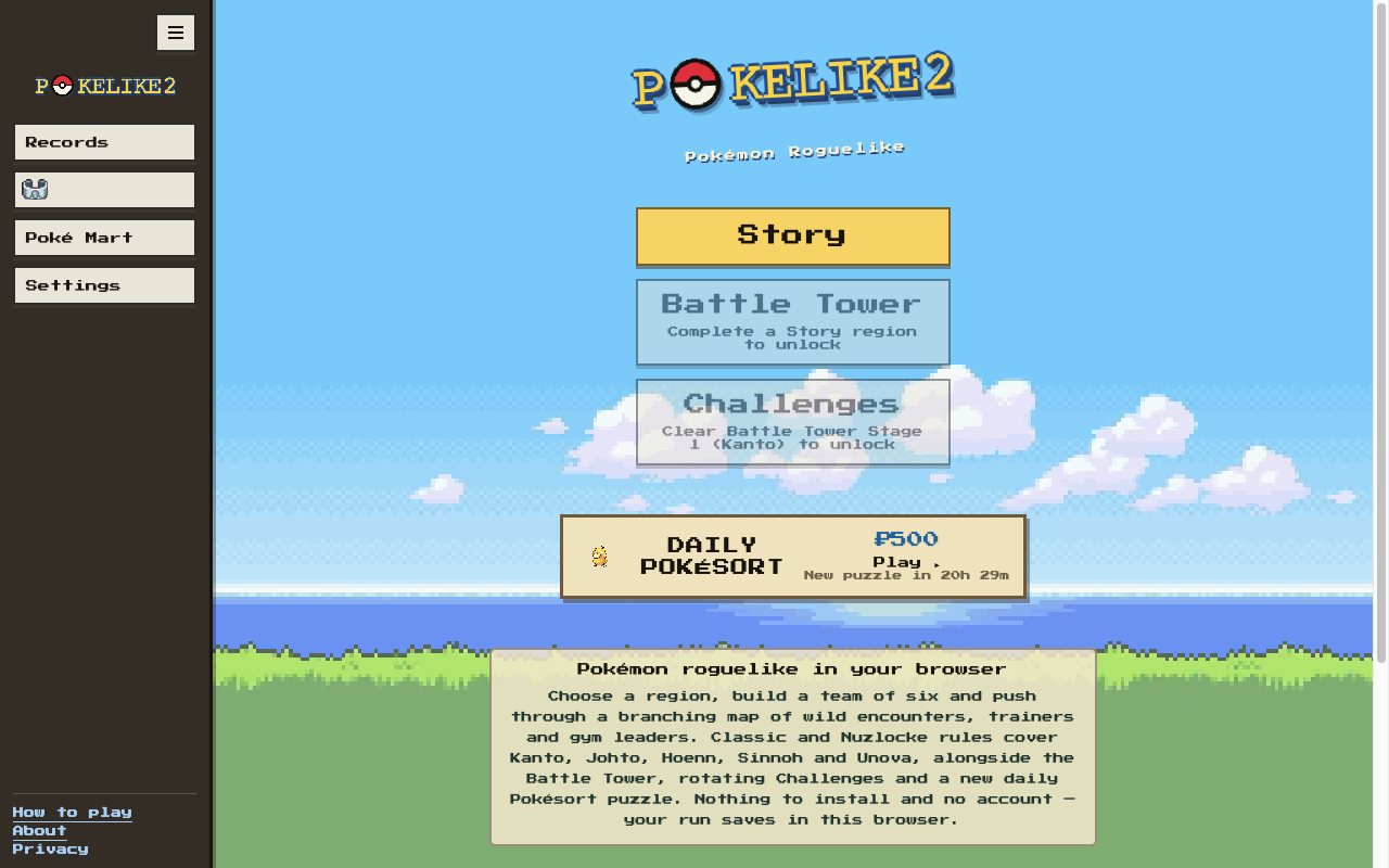 Pokelike2 main menu with Story mode and Daily Pokésort
